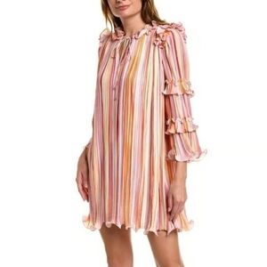 BCBGMaxAzria Accordion Multicolor Striped Long Sleeve Pleated Dress Women Size 8